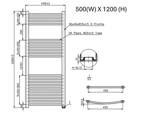 Technical drawing of a radiator with dimensions and specifications.