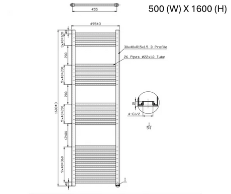 Technical drawing of a radiator with dimensions labeled