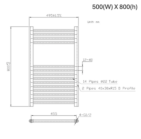 Technical drawing of a radiator with dimensions and specifications.