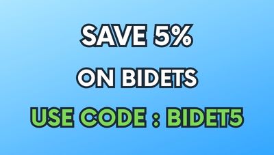 Promotional graphic with the text 'SAVE 5% ON BIDETS' in white outlined letters and 'USE CODE : BIDET5' in green outlined letters on a light blue gradient background.