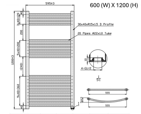 Technical drawing of a radiator with dimensions and specifications.