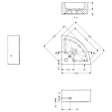 Technical dimension drawing of a wall-mounted sink basin with front and side views, including measurements and an A-A cross-section detail.