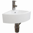 A white corner wall-mounted sink with a polished chrome faucet and drain pipe, shown against a plain white background.