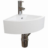 A white corner wall-mounted sink with a polished chrome faucet and drain pipe, shown against a plain white background.