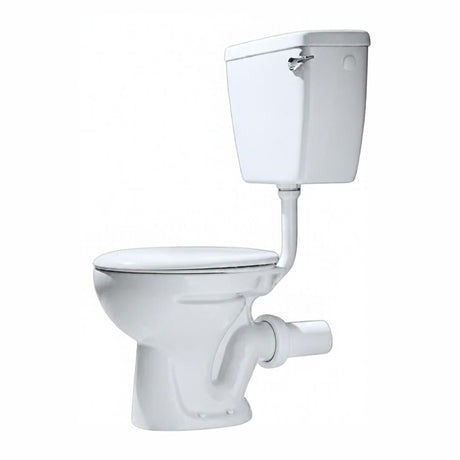 A white ceramic two-piece toilet set with a closed lid and seat, shown against a plain white background.