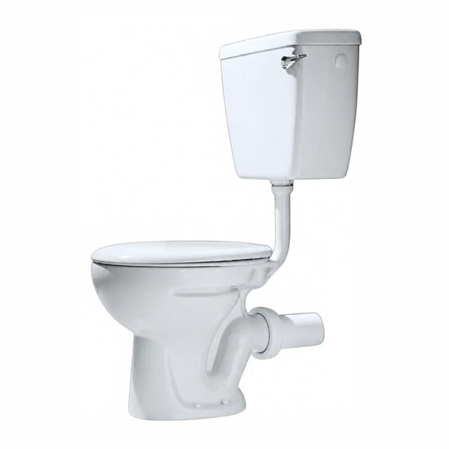 A white ceramic two-piece toilet set with a closed lid and seat, shown against a plain white background.