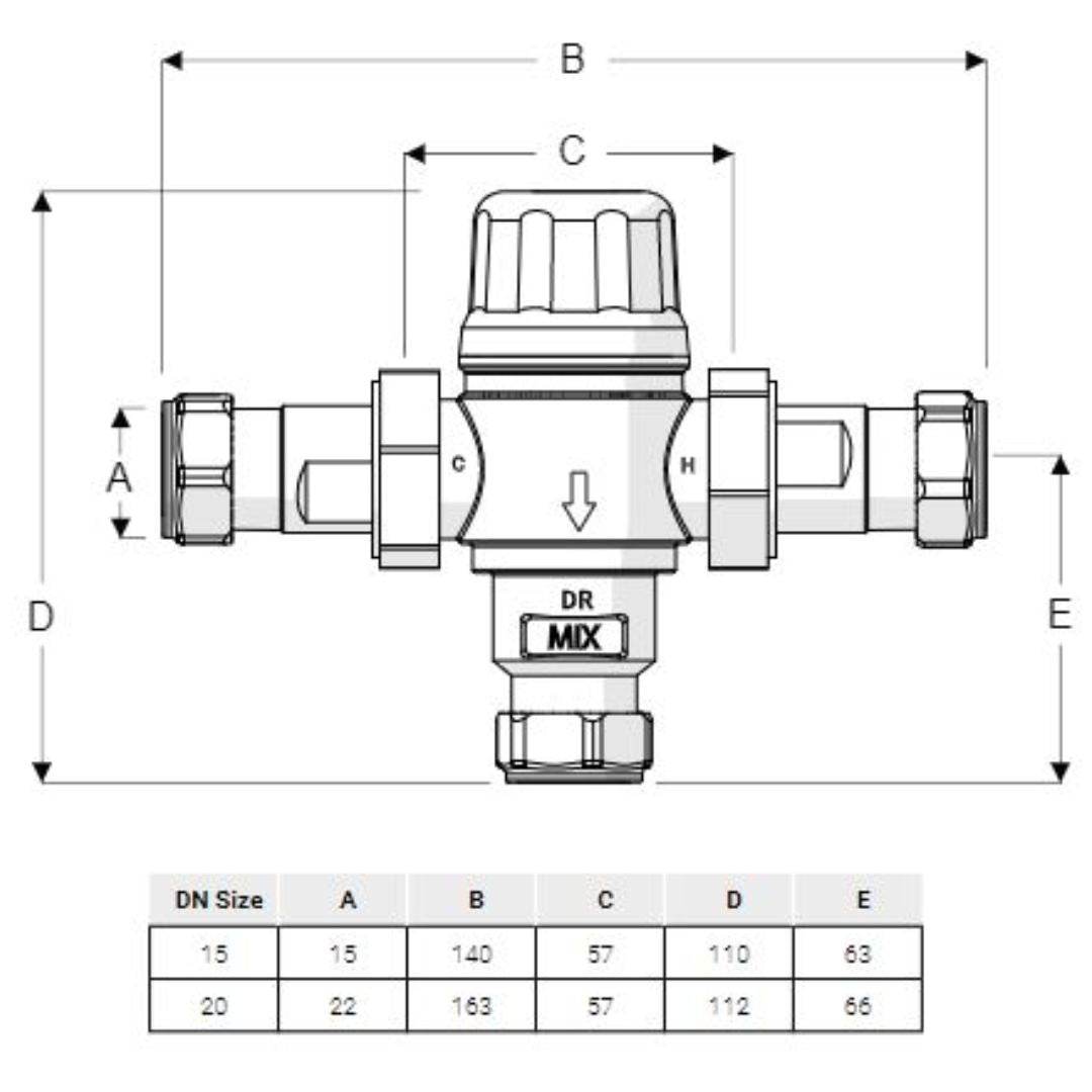 Technical dimension diagram of a pipe mixing valve with labeled dimensions A through E and a small size table below, shown in black line art on a white background.
