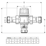 Technical dimension diagram of a pipe mixing valve with labeled dimensions A through E and a small size table below, shown in black line art on a white background.