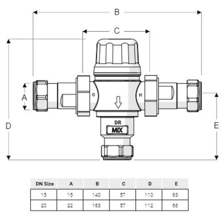 Technical dimension diagram of a pipe mixing valve with labeled dimensions A through E and a small size table below, shown in black line art on a white background.