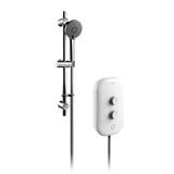 A modern shower system featuring a polished chrome hand shower with a flexible hose and a white thermostatic shower control unit, shown against a solid white background.