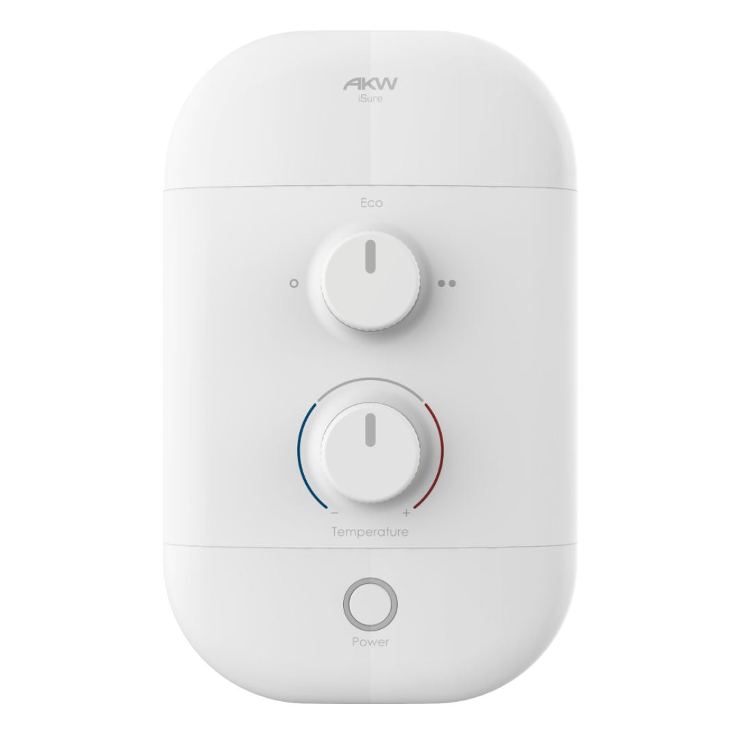 A white AKW shower controller with two rotary knobs and a power button, shown on a clean white background.