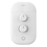 A white AKW shower controller with two rotary knobs and a power button, shown on a clean white background.