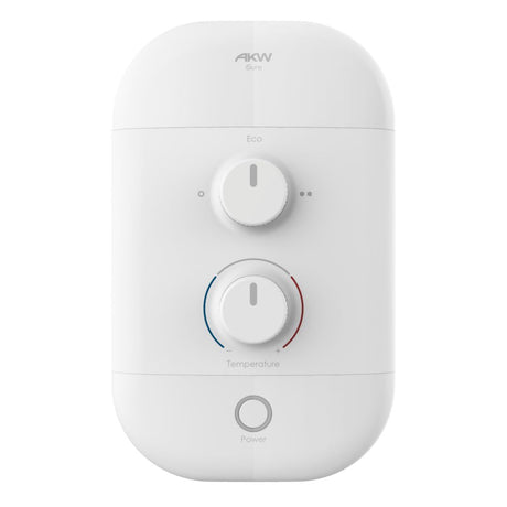 A white AKW shower controller with two rotary knobs and a power button, shown on a clean white background.