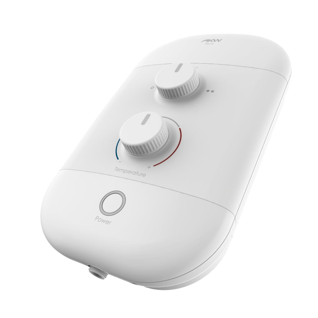 A white electronic shower controller with two rotary knobs and a power button, shown on a clean white background.