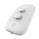 A white electronic shower controller with two rotary knobs and a power button, shown on a clean white background.