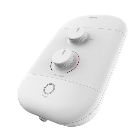 A white electronic shower controller with two rotary knobs and a power button, shown on a clean white background.