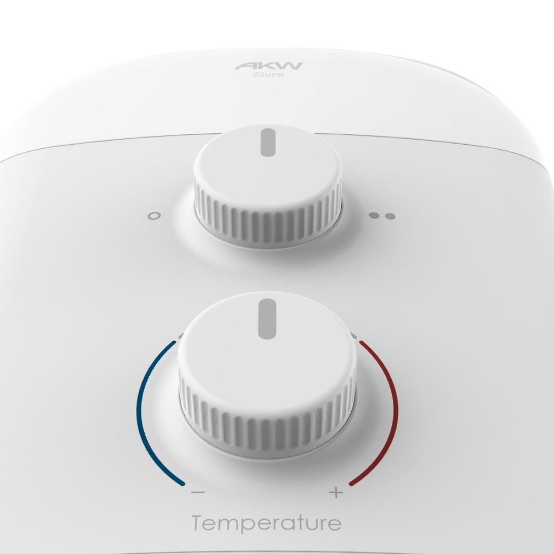 Close-up of a white AKW shower control panel with two rotary dials and temperature markings.