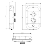Technical line drawing showing three views of a round electronic shower unit with dimension labels and measurements on a white background.