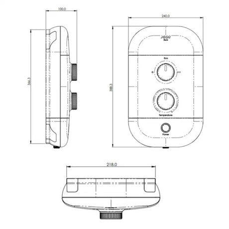 Technical line drawing showing three views of a round electronic shower unit with dimension labels and measurements on a white background.