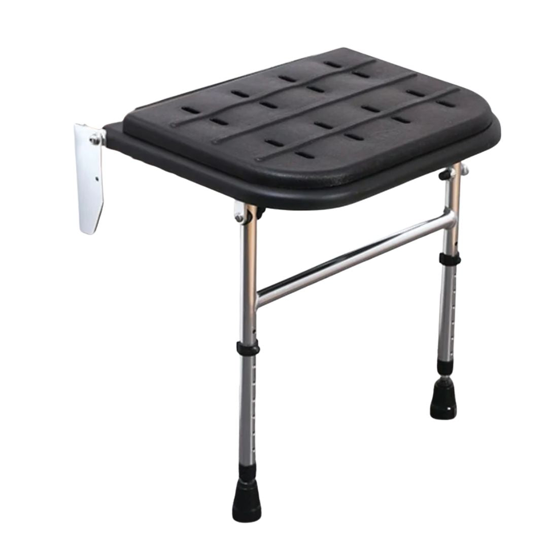 A foldable shower bench with a black textured plastic seat and adjustable silver metal legs with black rubber feet, shown on a plain white background.
