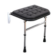A foldable shower bench with a black textured plastic seat and adjustable silver metal legs with black rubber feet, shown on a plain white background.