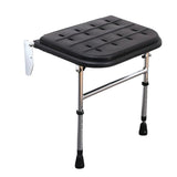 A foldable shower bench with a black textured plastic seat and adjustable silver metal legs with black rubber feet, shown on a plain white background.