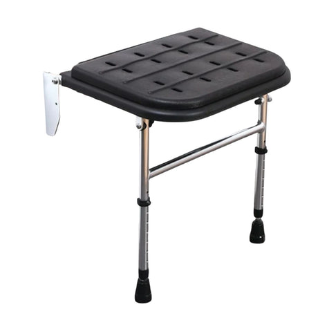A foldable shower bench with a black textured plastic seat and adjustable silver metal legs with black rubber feet, shown on a plain white background.