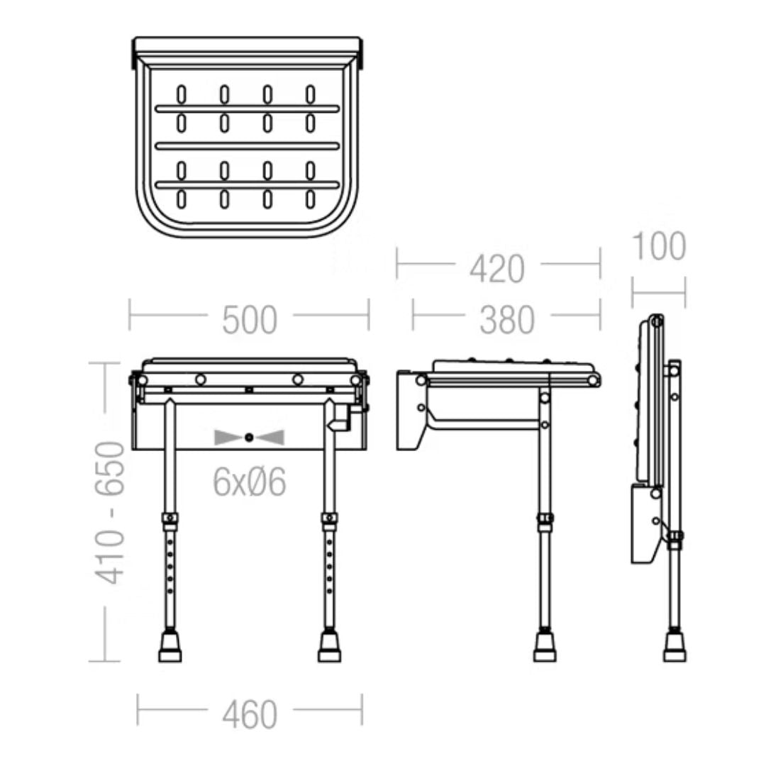 Black and white technical line drawing showing multiple angles and dimensions of a folding table, including measurements such as 500, 420, 380, 100, 460, and 410-650.