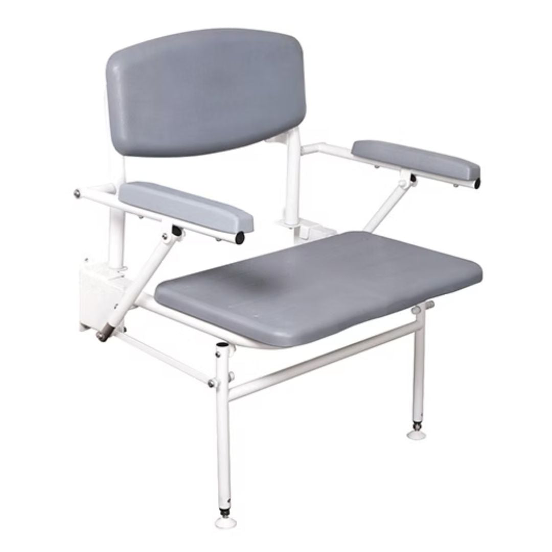 A gray upholstered shower chair with a white metal frame, featuring a backrest, armrests, and a seat platform, shown on a plain white background.