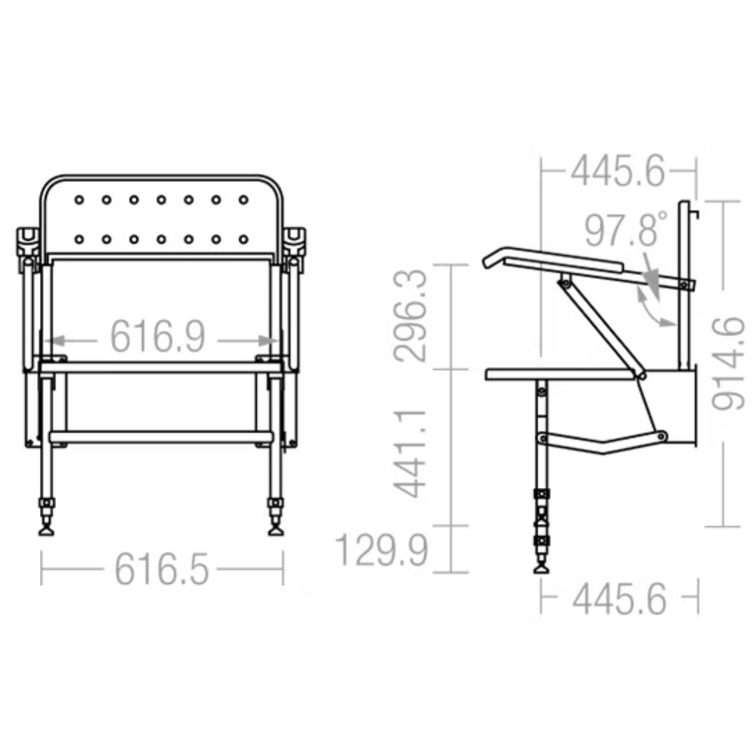 Black and white line drawing showing the dimensions of a folding chair, including front and side views with measurements in millimeters.