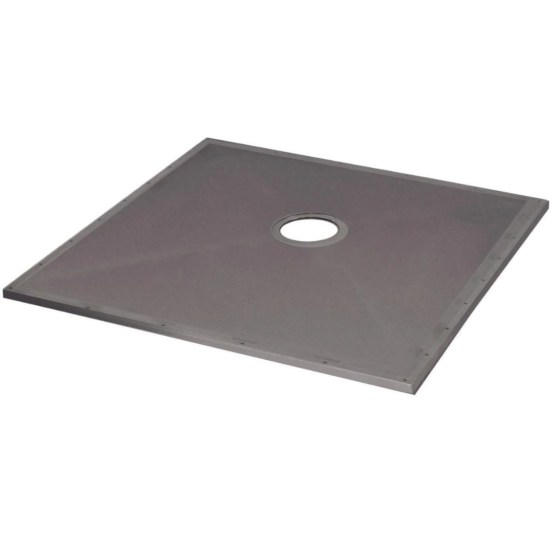 A square grey floor former with a circular cutout in the center, shown at an angle on a plain white background.