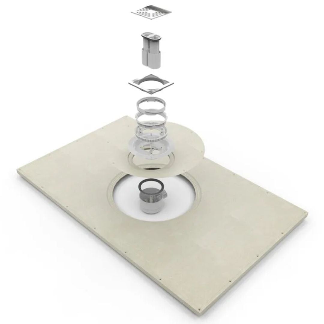 A floating floor drain assembly shown in an exploded view, with individual components stacked vertically above a wetroom floor former on a white background.