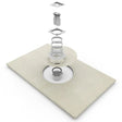 A floating floor drain assembly shown in an exploded view, with individual components stacked vertically above a wetroom floor former on a white background.