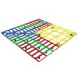 A square plastic wetroom system colored quadrants in blue, green, red, and yellow, featuring a central circular ring and small black pegs, shown on a plain white background.