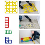 A collage showing a yellow square tile leveling grid and several colored spacer blocks, with inset photos of a person using the product on a concrete floor to level tiles.