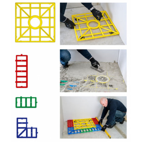A collage showing a yellow square tile leveling grid and several colored spacer blocks, with inset photos of a person using the product on a concrete floor to level tiles.