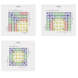 Three technical diagrams labeled 2 Falls, 3 Falls, and 4 Falls showing a square grid pattern with colored sections and dimension labels A, B, C, and D on a light gray background.