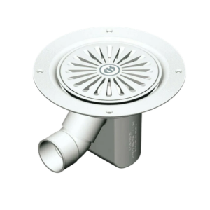White floor drain with a circular cover on a white background