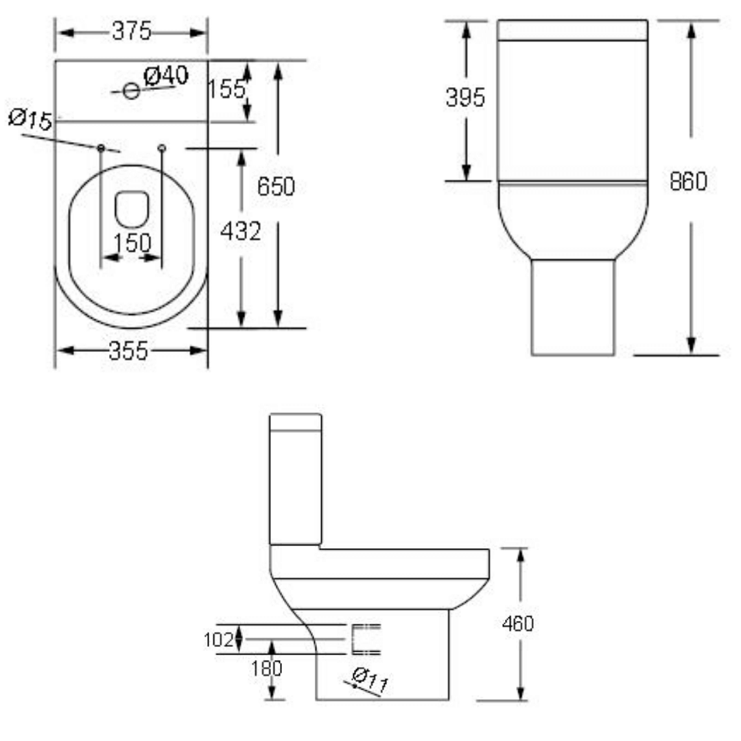 Technical drawing of a toilet with dimensions labeled