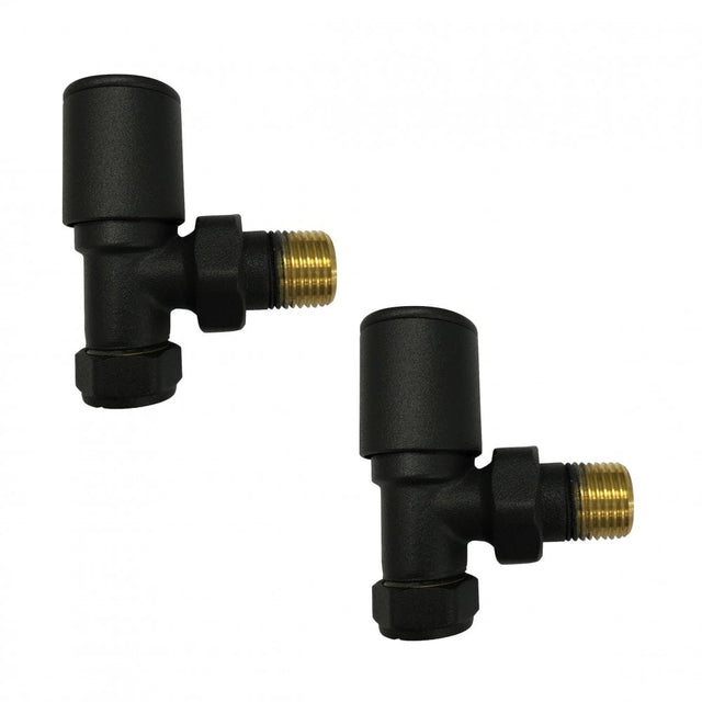 Two black and brass plumbing valves on a white background