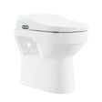 A white back to the wall toilet with a closed lid and a small control panel featuring three blue indicator lights on the left side.