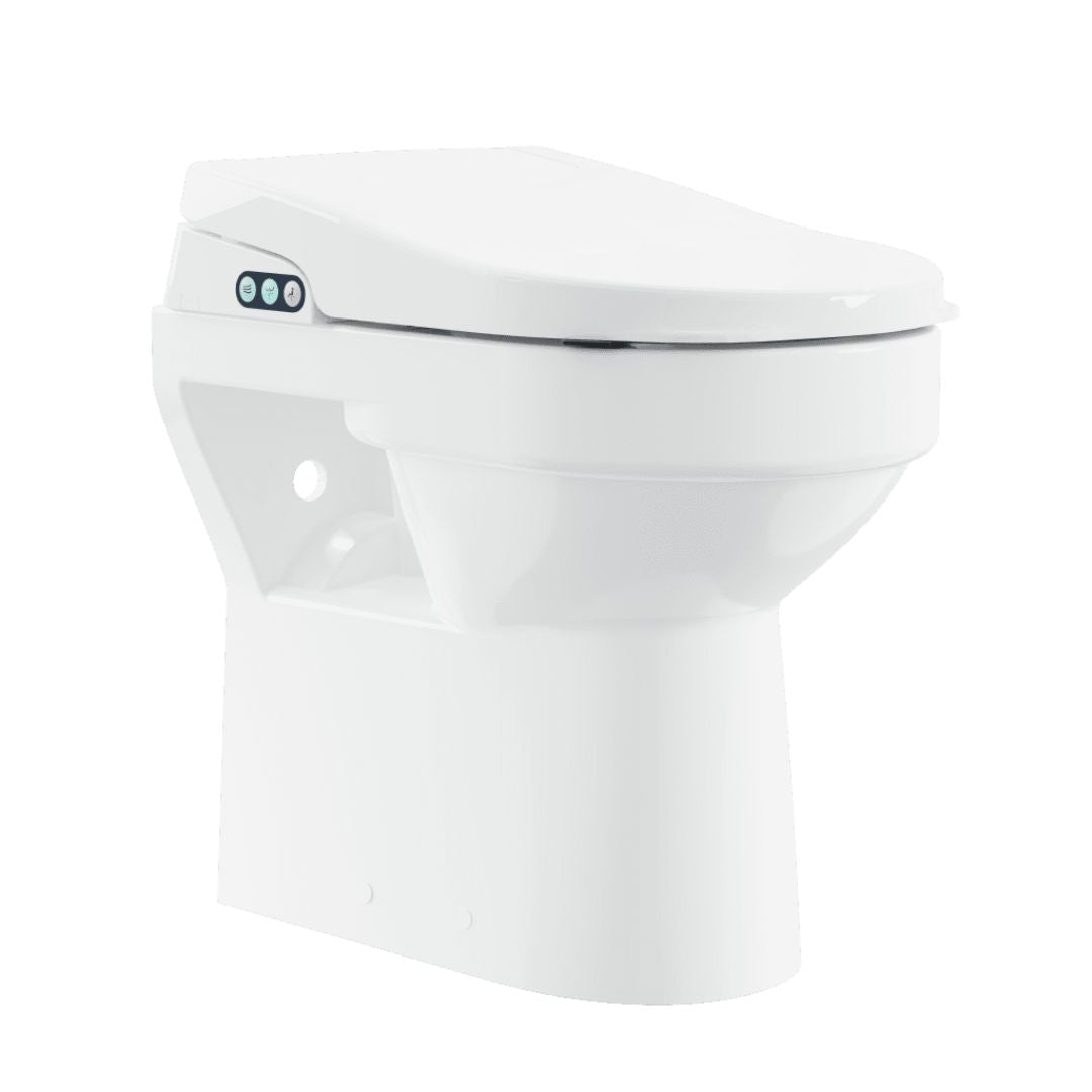 A white back to the wall toilet with a closed lid and a small control panel featuring three blue indicator lights on the left side.