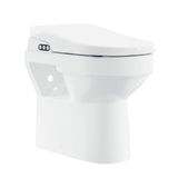 A white back to the wall toilet with a closed lid and a small control panel featuring three blue indicator lights on the left side.
