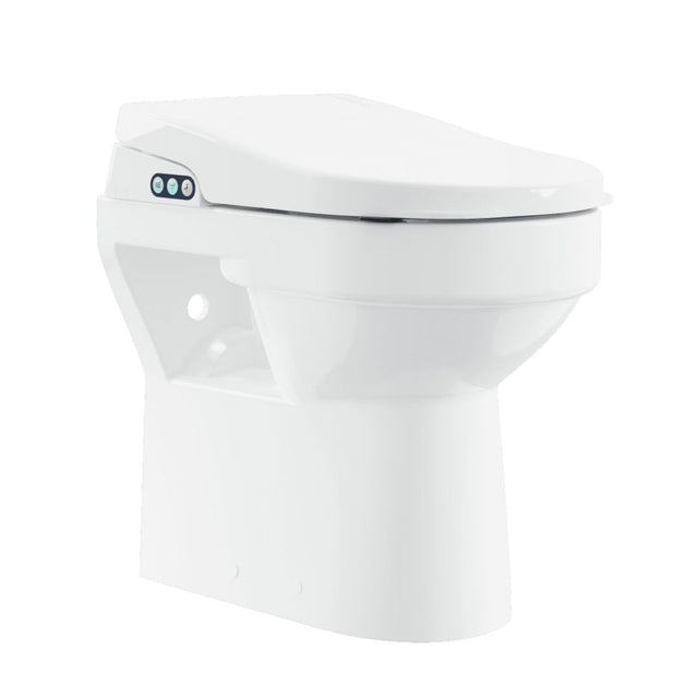 A white back to the wall toilet with a closed lid and a small control panel featuring three blue indicator lights on the left side.