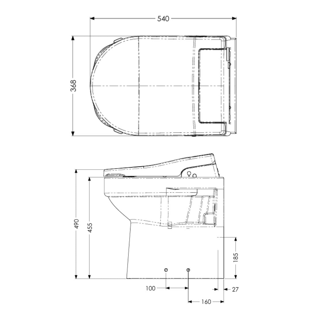 Technical dimension drawing of a toilet with front and side elevations, showing measurements such as 540, 368, 490, 455, 185, 100, 160, and 27 on a white background.