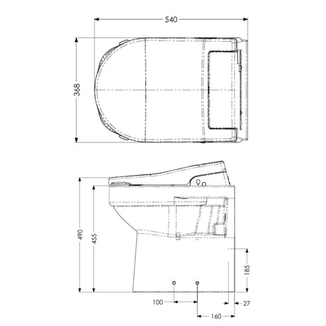 Technical dimension drawing of a toilet with front and side elevations, showing measurements such as 540, 368, 490, 455, 185, 100, 160, and 27 on a white background.