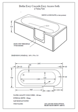 Technical dimension drawing of a bathtub with labeled measurements, cross-section view, and front elevation on a black background.