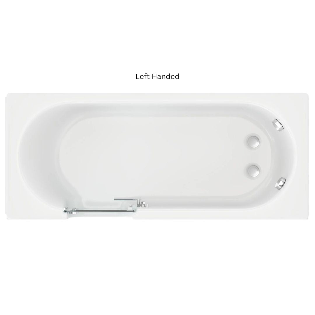 A top-down view of a left-handed rectangular bathtub in white, with chrome fixtures and the text 'Left Handed' printed above it on a white background.