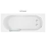 A top-down view of a left-handed rectangular bathtub in white, with chrome fixtures and the text 'Left Handed' printed above it on a white background.