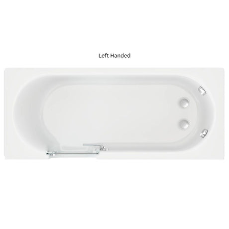 A top-down view of a left-handed rectangular bathtub in white, with chrome fixtures and the text 'Left Handed' printed above it on a white background.